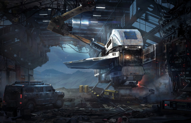 Обои картинки фото фэнтези, космические корабли,  звездолеты,  станции, джип, будущее, ангар, иной, мир, аппарат, летательный