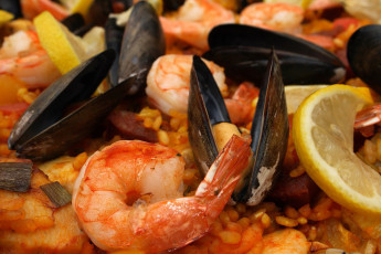 Картинка еда рыбные+блюда +с+морепродуктами креветки мидии лимон