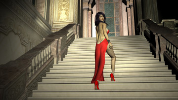Картинка 3д+графика люди+ people разрез платье лестница взгляд фон девушка