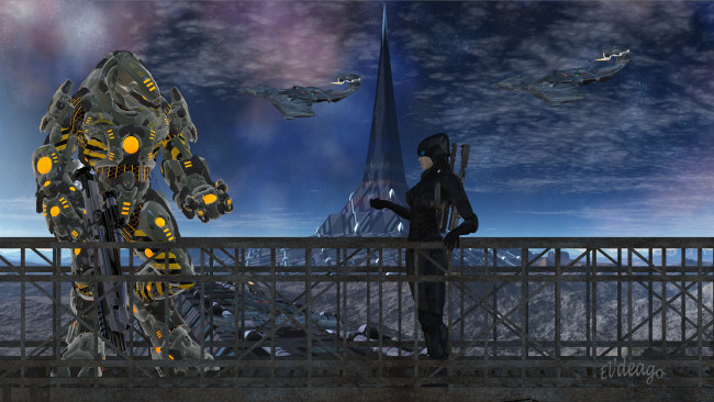 Обои картинки фото 3д графика, фантазия , fantasy, девушка, оружие, фон, взгляд