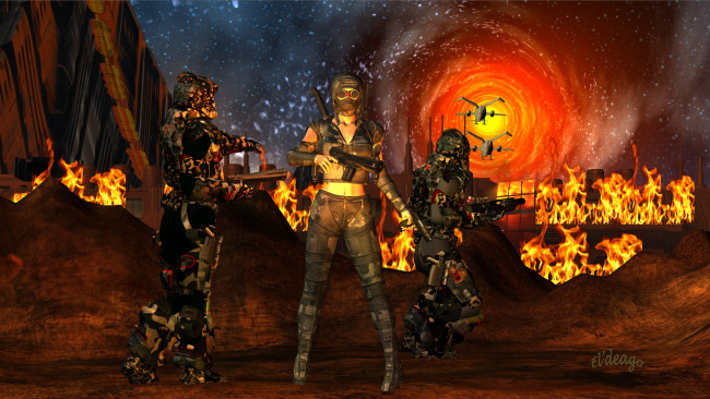 Обои картинки фото 3д графика, фантазия , fantasy, оружие, девушка, фон, взгляд