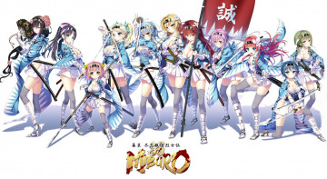 Картинка аниме miburo белый фон visual novel мини-юбка бойкие девчонки веер катаны знамя отряд вакидзаси shinsengumi повязка на лоб nui чулки кровь art длинные волосы