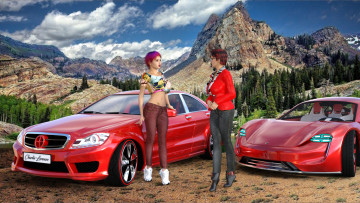 Картинка 3д+графика люди-авто мото+ people-+car+ +moto фон автомобиль взгляд девушки