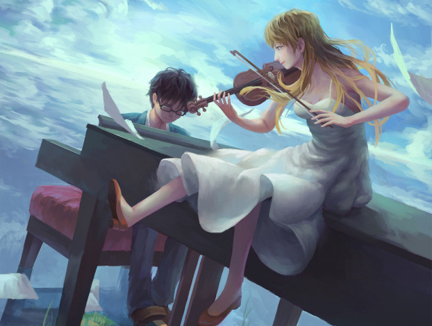 Обои картинки фото аниме, shigatsu wa kimi no uso, двое