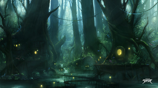 Обои картинки фото видео игры, ~~~другое~~~, лес, деревья, вода, огни, дома