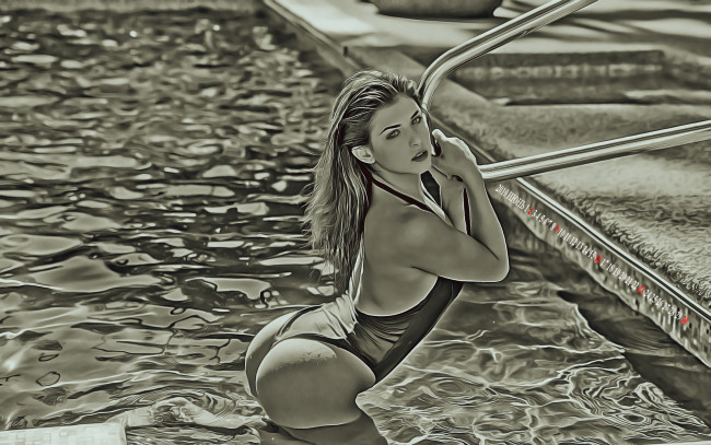 Обои картинки фото календари, компьютерный дизайн, вода, взгляд, девушка, бассейн