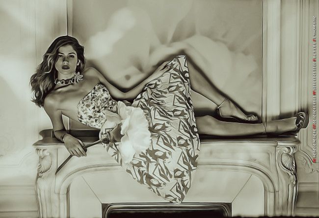 Обои картинки фото календари, компьютерный дизайн, помещение, поза, лежать, камин, девушка