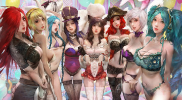 Картинка видео+игры league+of+legends девушки фон взгляд униформа katarina lux jinx caitlin ahri miss fortune riven sona