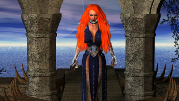 Картинка 3д+графика фантазия+ fantasy девушка фон платье меч море