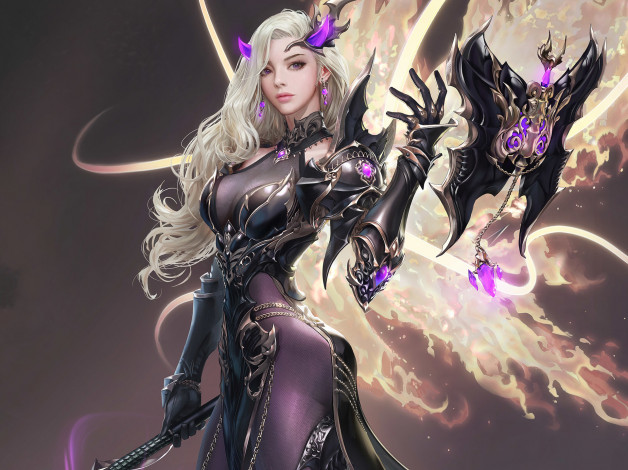 Обои картинки фото видео игры, mu online, девушка, фон, взгляд, униформа, щит