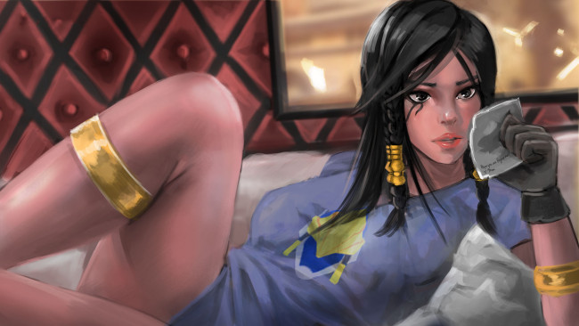 Обои картинки фото видео игры, overwatch, девушка, фон, тату