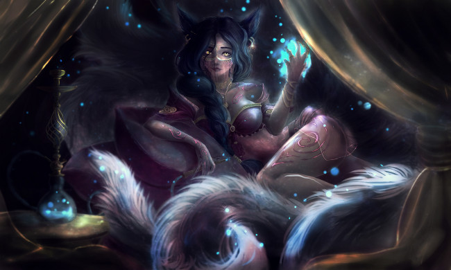 Обои картинки фото видео игры, league of legends, девушка, фон, взгляд, ушки, хвост, ahri