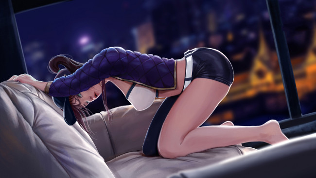 Обои картинки фото league of legends, видео игры, девушка, фон, поза, akali