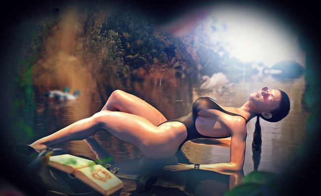 Обои картинки фото видео игры, tomb raider , other, девушка, фон, поза, купальник, очки, книга