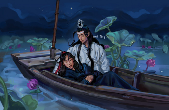 Обои картинки фото рисованное, кино,  мультфильмы, вэй, усянь, лань, ванцзы, лодка, озеро, лотосы