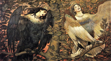 обоя рисованное, животные,  сказочные,  мифические, дерево, алконст, сирин