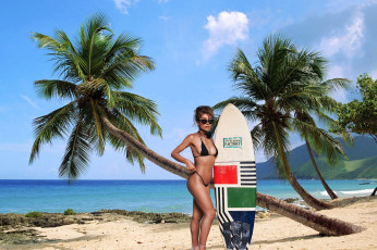 Картинка девушки -+брюнетки +шатенки море тропики пальмы брюнетка бикини серф очки