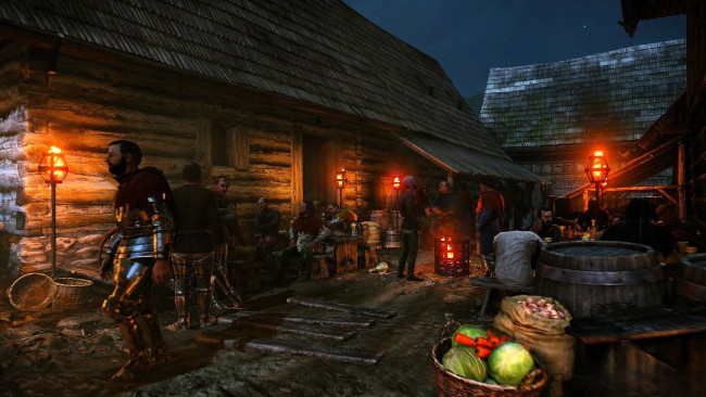 Обои картинки фото видео игры, kingdom come,  deliverance, деревня, дома, люди, рыцари, бочка, овощи, стол