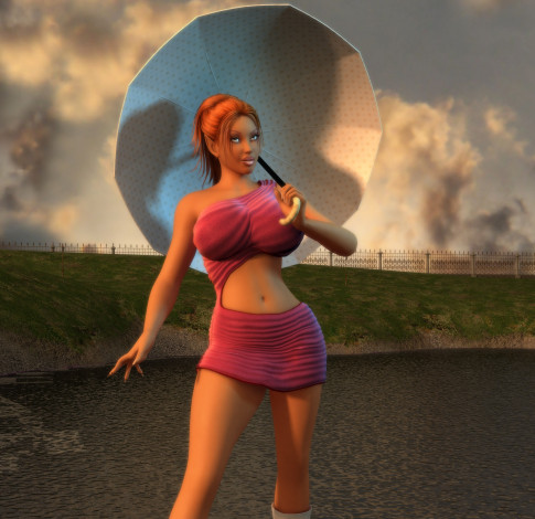 Обои картинки фото 3д графика, люди , people, девушка, взгляд, зонтик