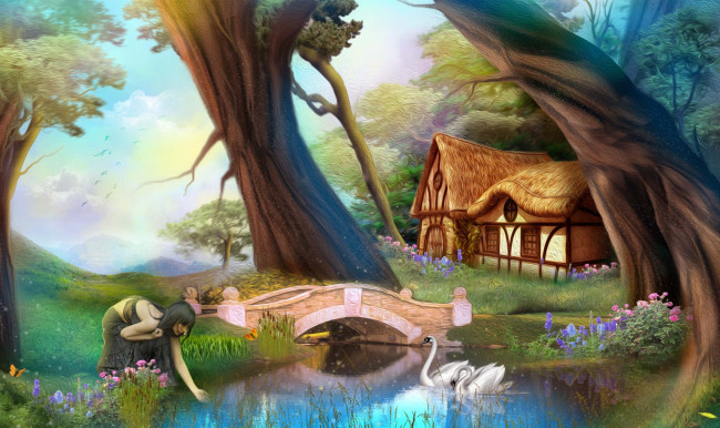 Обои картинки фото фэнтези, пейзажи, лебеди