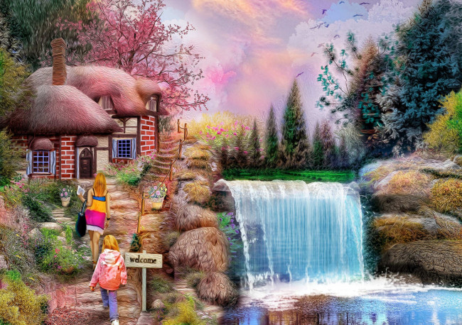 Обои картинки фото фэнтези, пейзажи, домик, вода