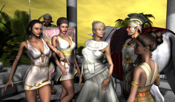 обоя 3д графика, история , history, лошадь, воины, фон, взгляд, девушки