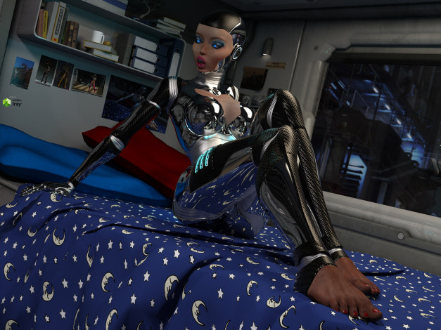 Обои картинки фото 3д графика, фантазия , fantasy, кровать, фон, взгляд, девушка