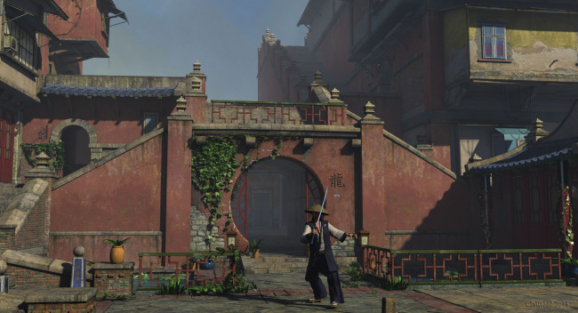 Обои картинки фото 3д графика, фантазия , fantasy, катанна, строение, фон, взгляд, мужчина