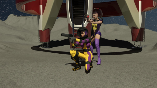 Обои картинки фото 3д графика, фантазия , fantasy, взгляд, девушки, космический, корабль, оружие