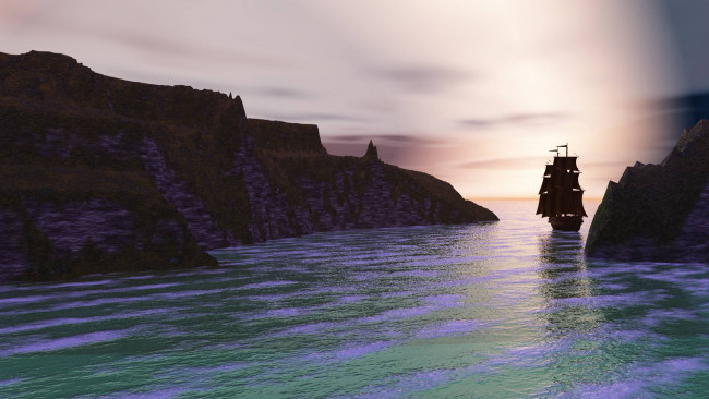 Обои картинки фото 3д графика, море , sea, парусник, закат, залив, море, скалы