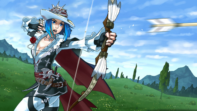 Обои картинки фото рисованное, комиксы, фон, девушка, плащ, нож, стрела, лук, униформа