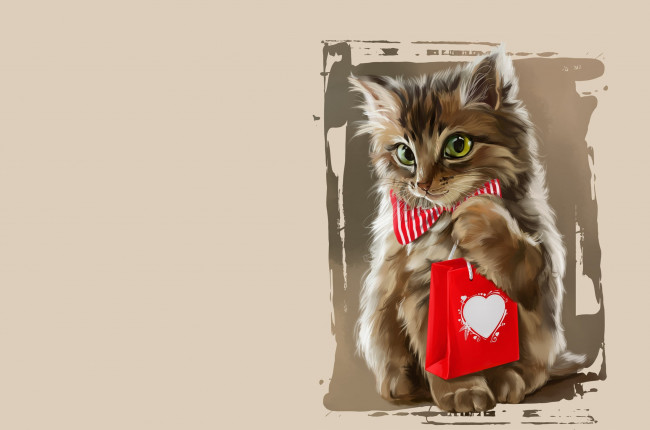 Обои картинки фото рисованное, животные,  коты, арт, детская, котёнок, подарок, кошка