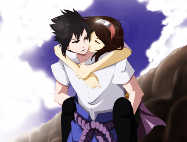 Обои картинки фото аниме, naruto, небо, скалы, саске, девушка, учиха