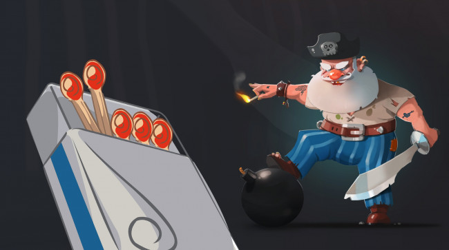 Обои картинки фото векторная графика, другое , other, спички, pirate, борода, art, пират, рисунок, арт, by, ilia, gogolin, дед, сабля, Ядро, бомба