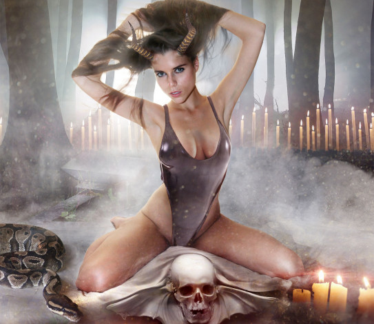 Обои картинки фото разное, компьютерный дизайн, свеча, череп, змея, рога, взгляд, фон, девушка