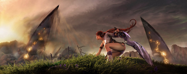 Обои картинки фото видео игры, heavenly sword, трава, меч, нарико, девушка