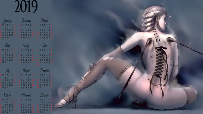Обои картинки фото календари, фэнтези, спина, женщина, calendar, 2019, девушка