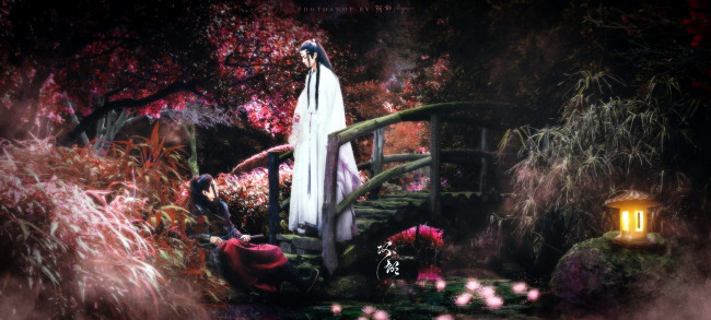 Обои картинки фото фэнтези, фотоарт, вэй, усянь, лань, ванцзы, мост, деревья