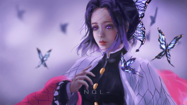 Обои картинки фото клинок рассекающий демонов, аниме, demon slayer,  kimetsu no yaiba, demon, slayer, kimetsu, no, yaiba, девушка, взгляд, хашера, kochou, shinobu, бабочки