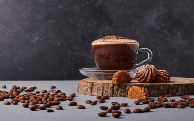Обои картинки фото еда, кофе,  кофейные зёрна, печенье, зерна, чашка