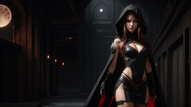 Обои картинки фото красотка, 3д графика, люди , people, girl, fantasy, red, hair, art, digital, hood, stand