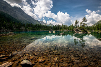 Картинка природа реки озера switzerland облака отражение lagh da saoseo деревья камни горы дно озеро швейцария