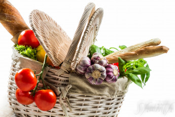 Картинка еда разное хлеб базилик чеснок помидоры корзина