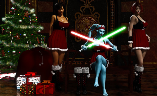 Обои картинки фото 3д, графика, fantasy, фантазия, девушки, елка, подарки