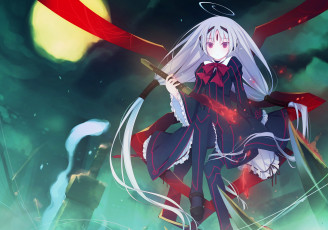 Картинка аниме -halloween+&+magic french-bread under night in-birth луна ночь ленточка магия оружие удивление взгляд vatista art девушка