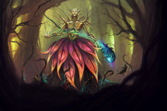 Картинка фэнтези существа существо лес лепестки магия деревья