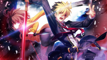 Картинка аниме -weapon +blood+&+technology under night in-birth магия french-bread оружие жест злость взгляд hyde парень linne девушка takeuchi takashi art