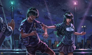 Картинка аниме touhou девушка ryuusei seinen дома город люди небо звезды бутылка фонари ночь парень арт