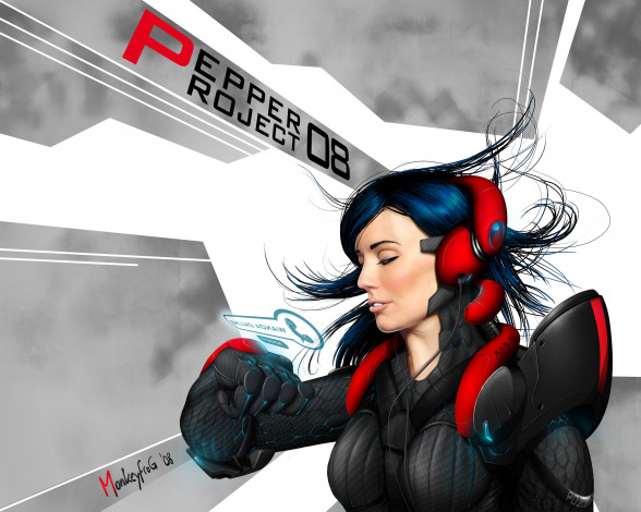 Обои картинки фото фэнтези, девушки, интерфейс, волосы, костюм, провода, наушники, девушка, pepper, project, арт