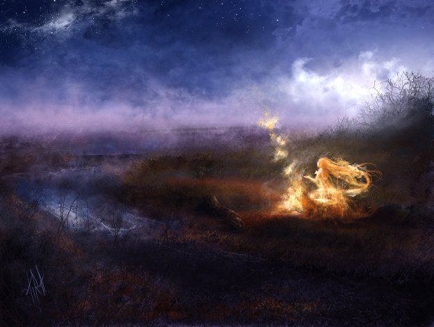 Обои картинки фото фэнтези, фотоарт, вечер, река, звездное, небо, пламя, магия